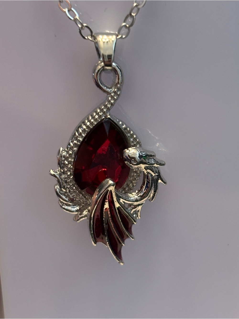 Silver Tone Dragon Pendant Necklace, Dark Red Teardrop Stone, Enamel Wing, Cable